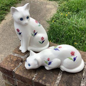 Set of 2 Portugal Cats White Ceramic Floral Cats